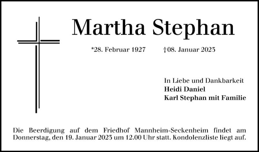  Traueranzeige für Martha Stephan vom 14.01.2023 aus Mannheimer Morgen