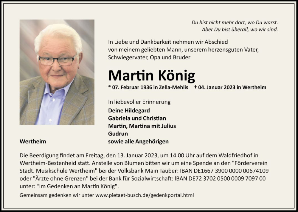  Traueranzeige für Martin König vom 10.01.2023 aus Fränkische Nachrichten