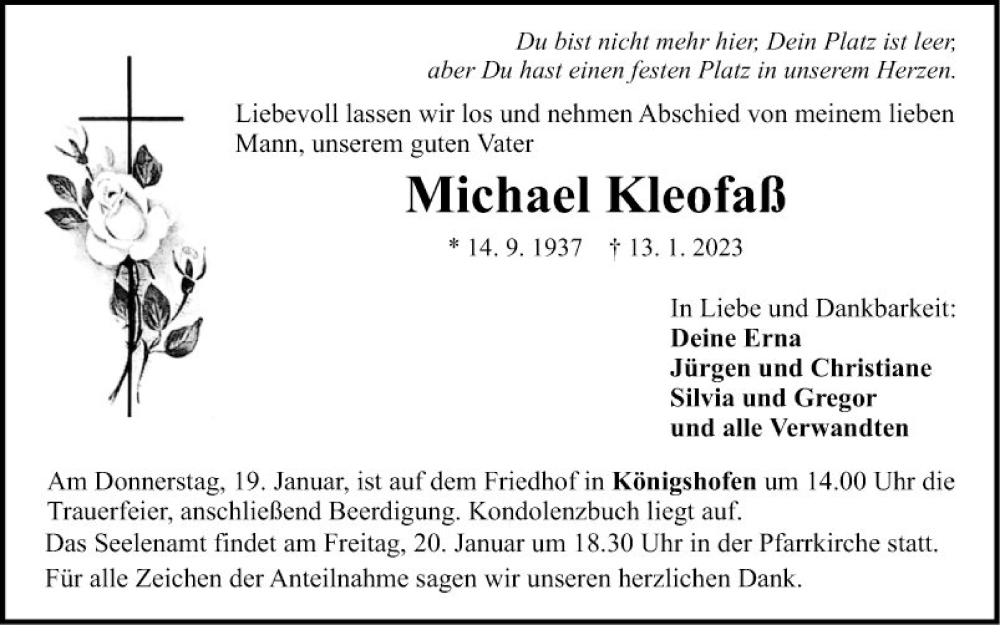  Traueranzeige für Michael Kleofaß vom 17.01.2023 aus Fränkische Nachrichten