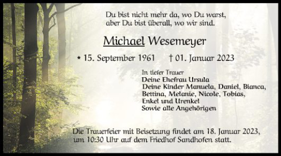 Traueranzeige von Michael Wesemeyer von Mannheimer Morgen