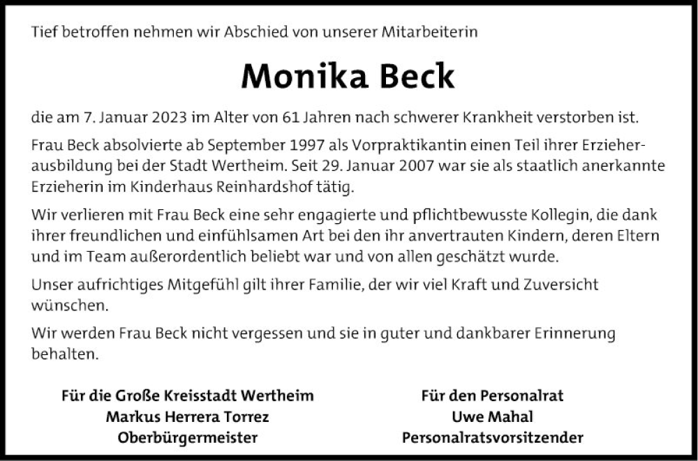  Traueranzeige für Monika Beck vom 14.01.2023 aus Fränkische Nachrichten