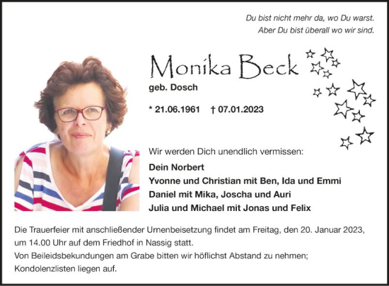 Traueranzeige von Monika Beck von Fränkische Nachrichten