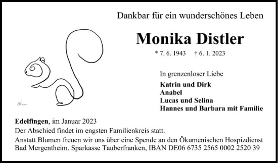 Traueranzeige von Monika Distler von Fränkische Nachrichten