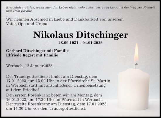 Traueranzeige von Nikolaus Ditschinger von Fränkische Nachrichten