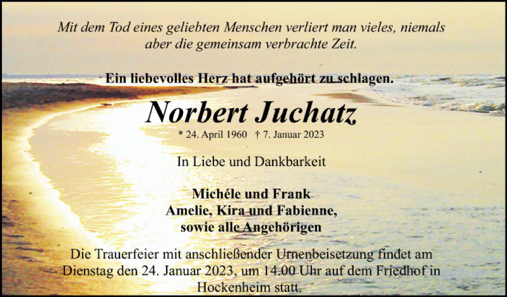  Traueranzeige für Norbert Juchatz vom 21.01.2023 aus Schwetzinger Zeitung