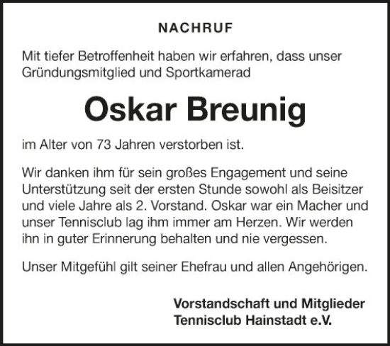 Traueranzeige von Oskar Breunig von Fränkische Nachrichten