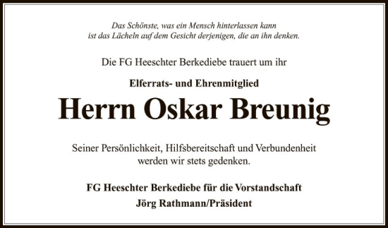 Traueranzeige von Oskar Breunig von Fränkische Nachrichten