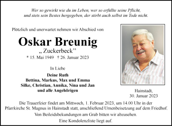 Traueranzeige von Oskar Breunig von Fränkische Nachrichten