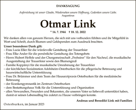 Traueranzeige von Otmar Link von Fränkische Nachrichten