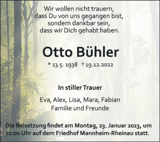 Traueranzeige von Otto Bühler von Mannheimer Morgen