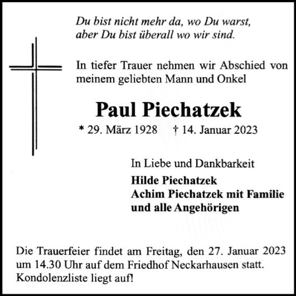 Traueranzeige für Paul Piechatzek vom 21.01.2023 aus Mannheimer Morgen