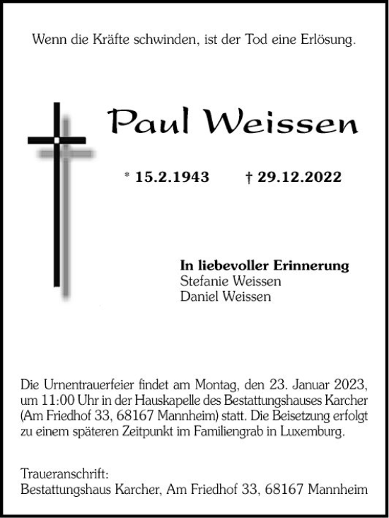 Traueranzeige von Paul Weissen von Mannheimer Morgen