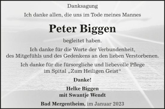 Traueranzeige von Peter Biggen von Fränkische Nachrichten