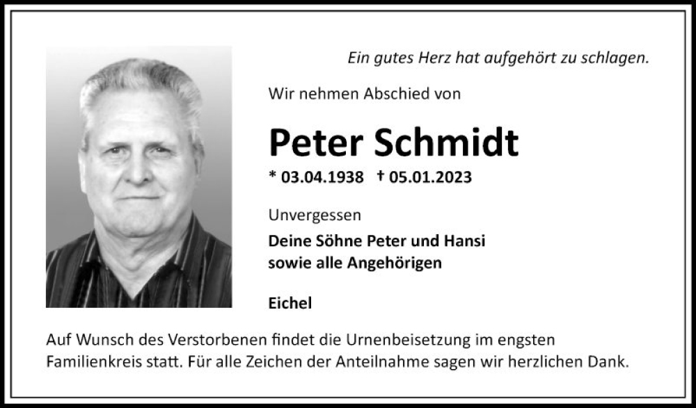  Traueranzeige für Peter Schmidt vom 14.01.2023 aus Fränkische Nachrichten