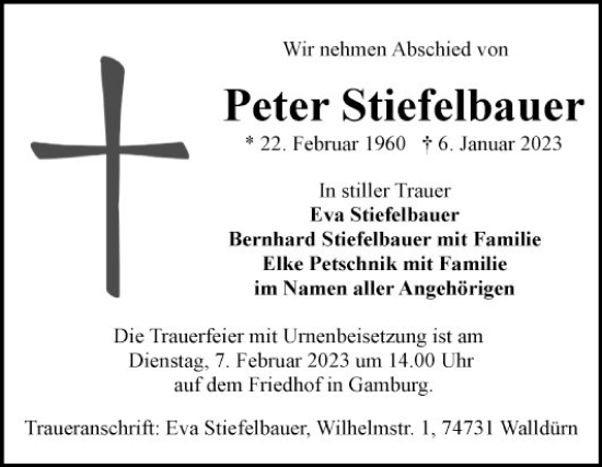 Traueranzeige von Peter Stiefelbauer von Fränkische Nachrichten