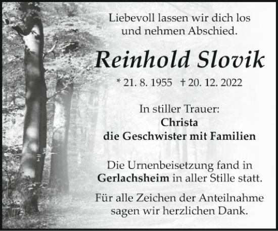 Traueranzeige von Reinhold Slovik von Fränkische Nachrichten