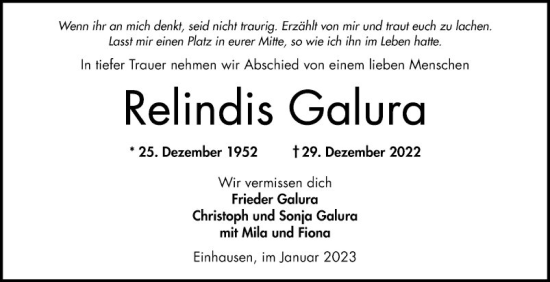 Traueranzeige von Relindis Galura von Bergsträßer Anzeiger