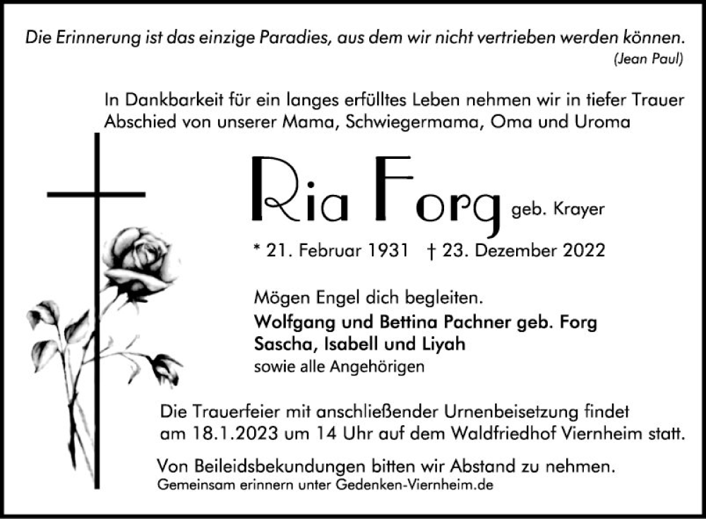  Traueranzeige für Ria Forg vom 07.01.2023 aus Mannheimer Morgen