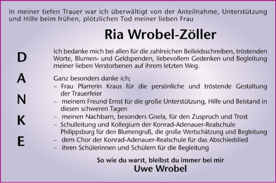 Traueranzeige von Ria Wrobel-Zöller von Schwetzinger Zeitung