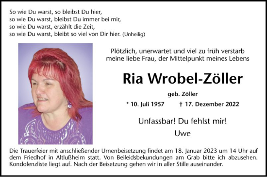 Traueranzeige von Ria Wrobel-Zöller von Schwetzinger Zeitung