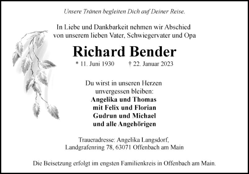  Traueranzeige für Richard Bender vom 26.01.2023 aus Fränkische Nachrichten
