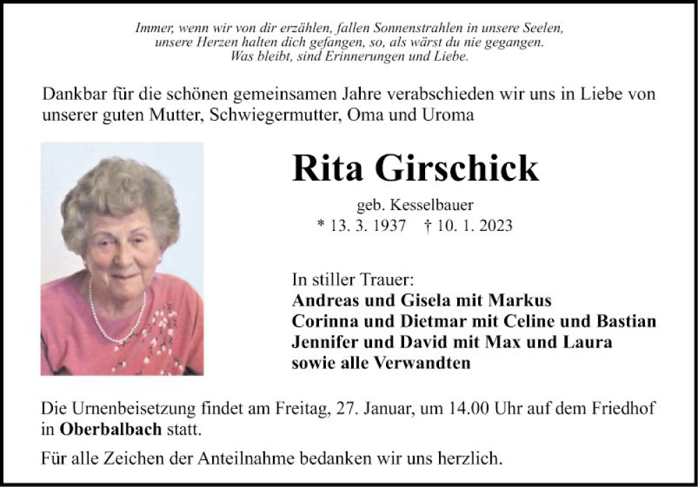  Traueranzeige für Rita Girschick vom 18.01.2023 aus Fränkische Nachrichten