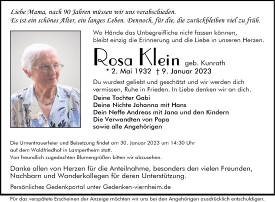 Traueranzeige von Rosa Klein von Mannheimer Morgen