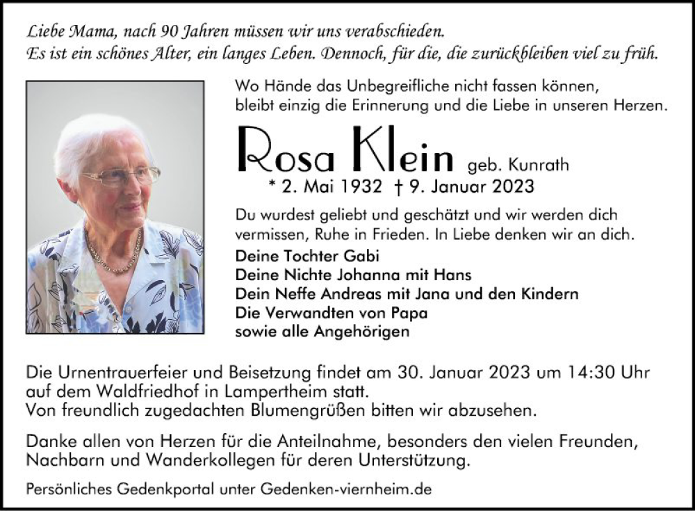  Traueranzeige für Rosa Klein vom 21.01.2023 aus Mannheimer Morgen