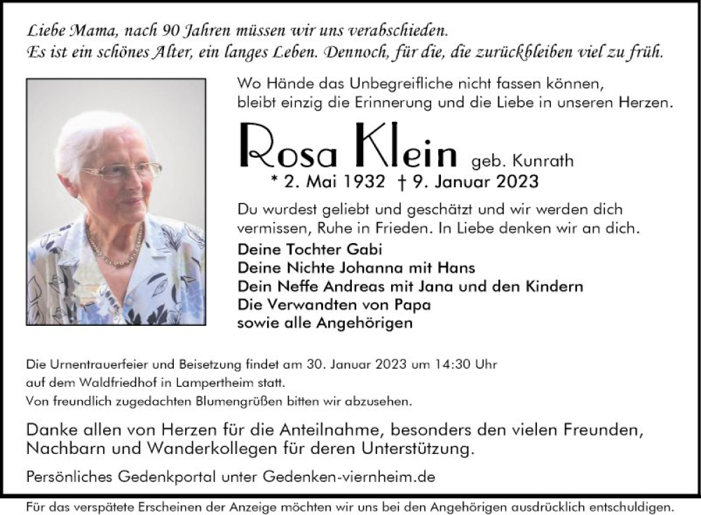  Traueranzeige für Rosa Klein vom 23.01.2023 aus Mannheimer Morgen