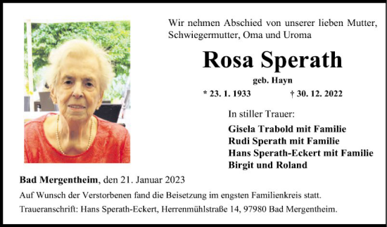 Traueranzeige von Rosa Sperath von Fränkische Nachrichten