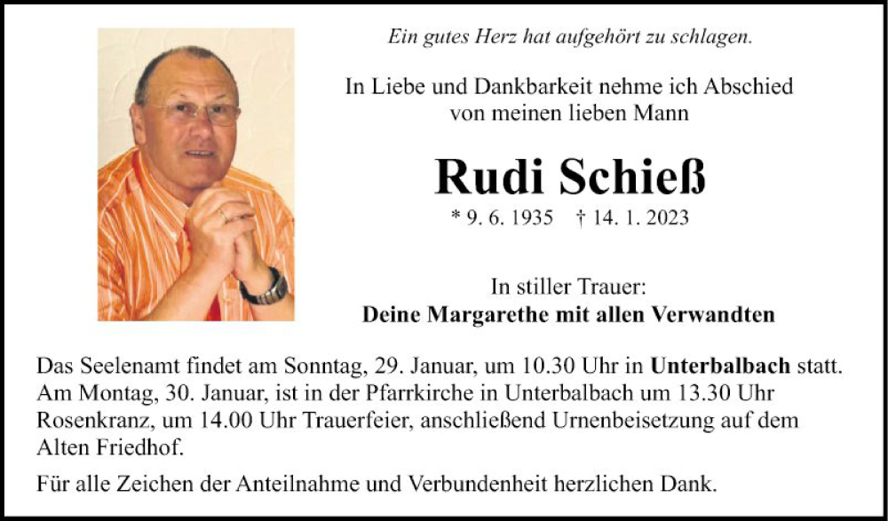  Traueranzeige für Rudi Schieß vom 24.01.2023 aus Fränkische Nachrichten