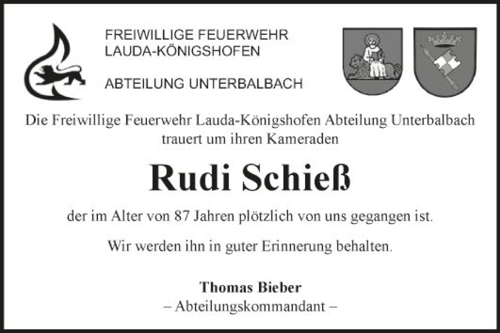  Traueranzeige für Rudi Schieß vom 31.01.2023 aus Fränkische Nachrichten