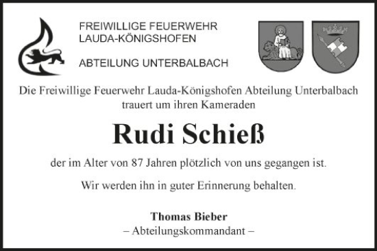 Traueranzeige von Rudi Schieß von Fränkische Nachrichten