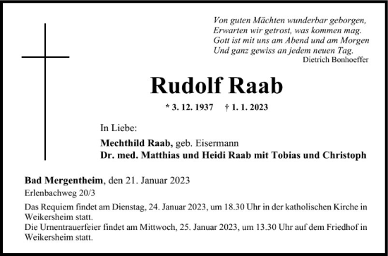 Traueranzeige von Rudolf Raab von Fränkische Nachrichten