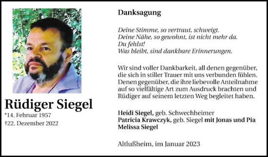 Traueranzeige von Rüdiger Siegel von Schwetzinger Zeitung