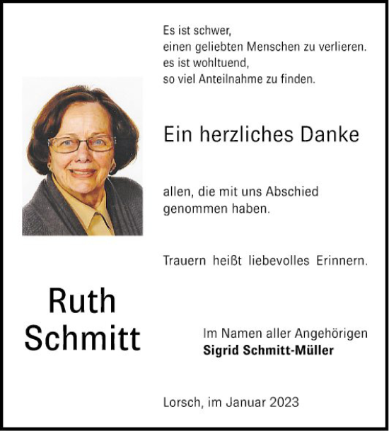 Traueranzeige von Ruth Schmitt von Bergsträßer Anzeiger