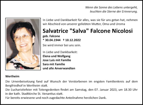 Traueranzeige von Salvatrice Falcone Nicolosi von Fränkische Nachrichten