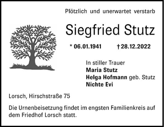 Traueranzeige von Siegfried Stutz von Bergsträßer Anzeiger