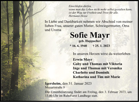 Traueranzeige von Sofie Mayr von Fränkische Nachrichten