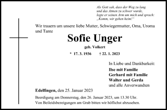 Traueranzeige von Sofie Unger von Fränkische Nachrichten