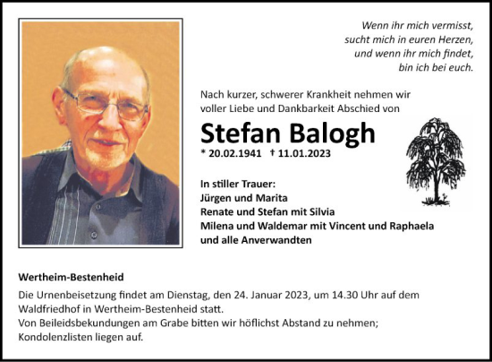 Traueranzeige von Stefan Balogh von Fränkische Nachrichten