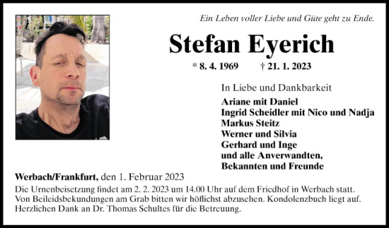 Traueranzeige von Stefan Eyerich von Fränkische Nachrichten