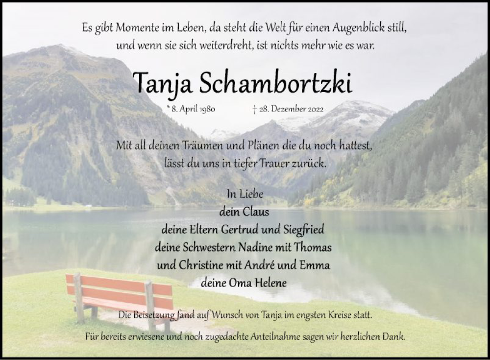  Traueranzeige für Tanja Schambortzki vom 14.01.2023 aus Fränkische Nachrichten