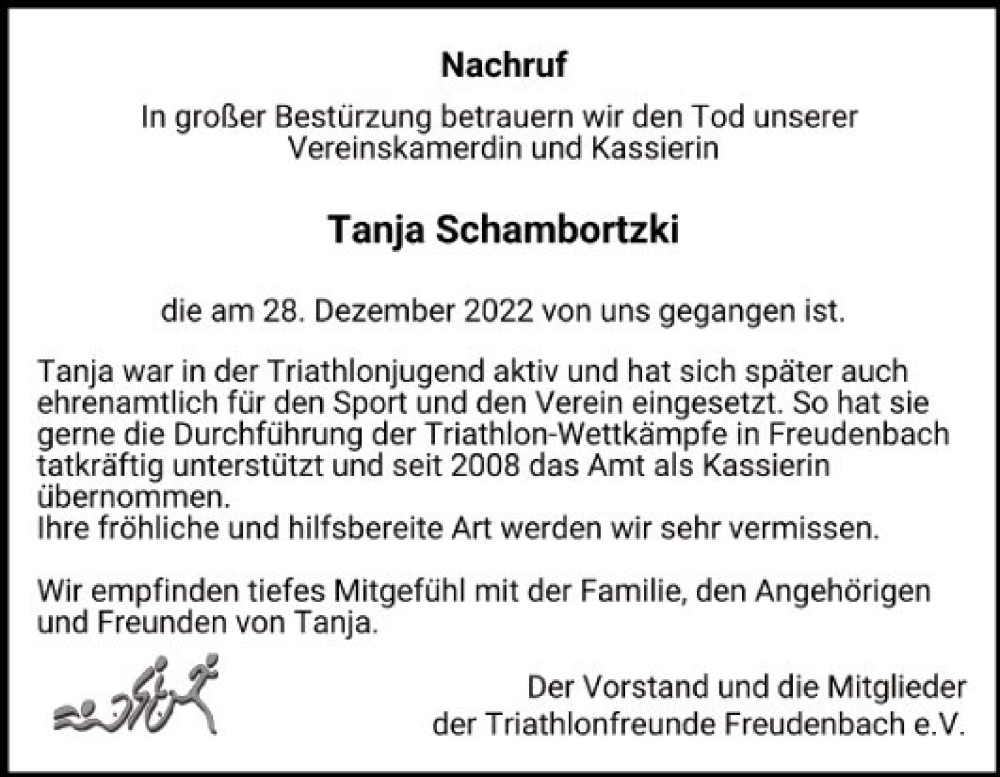  Traueranzeige für Tanja Schambortzki vom 28.01.2023 aus Fränkische Nachrichten
