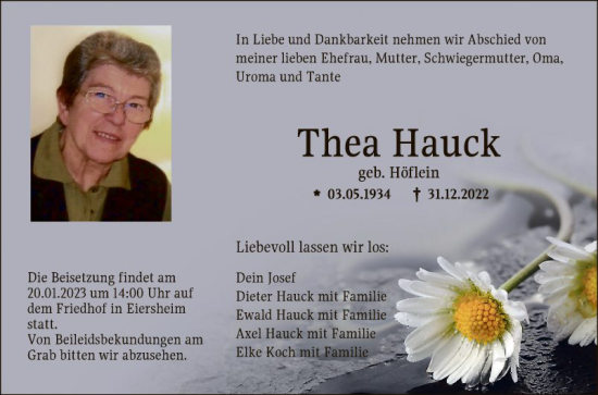 Traueranzeige von Thea Hauck von Fränkische Nachrichten