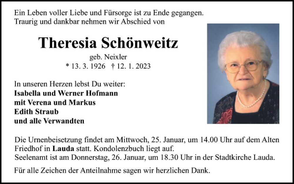  Traueranzeige für Theresia Schönweitz vom 21.01.2023 aus Fränkische Nachrichten