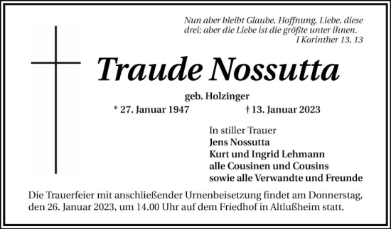 Traueranzeige von Traude Nossutta von Schwetzinger Zeitung