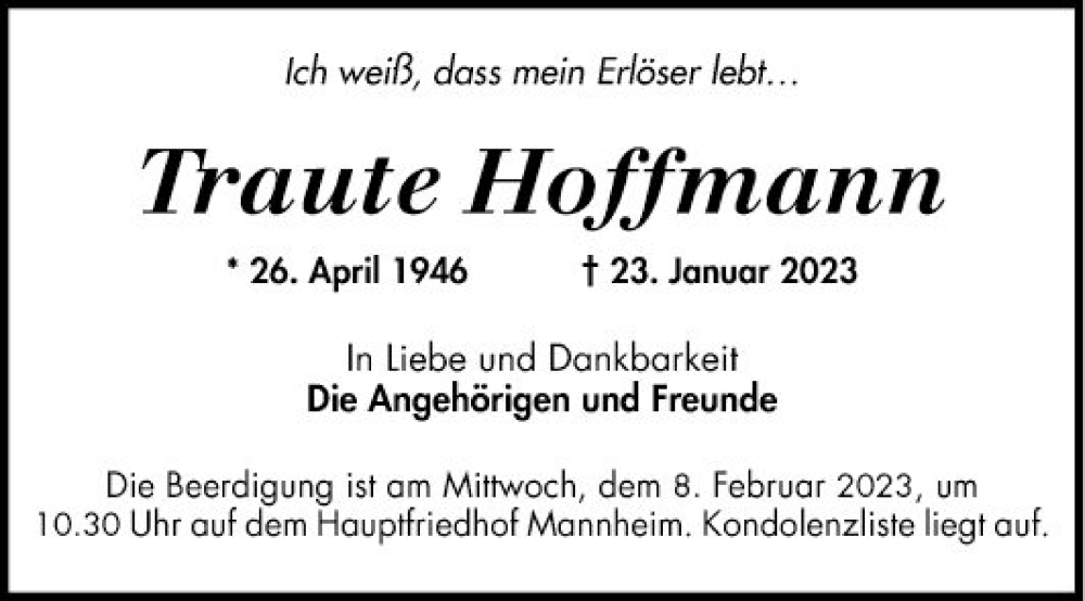  Traueranzeige für Traute Hoffmann vom 28.01.2023 aus Mannheimer Morgen