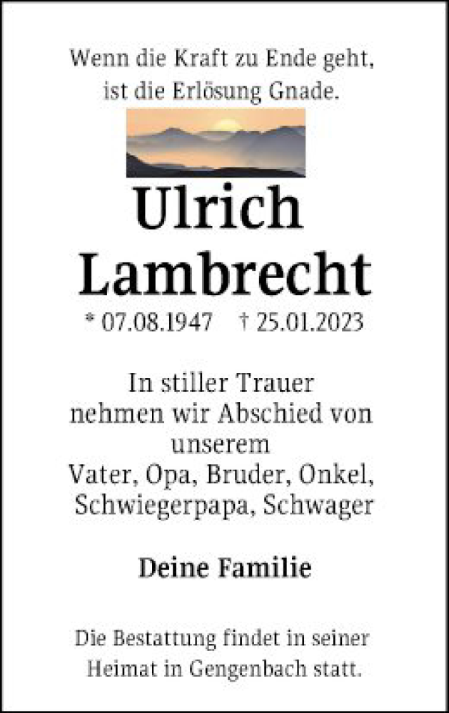  Traueranzeige für Ulrich Lambrecht vom 28.01.2023 aus Mannheimer Morgen
