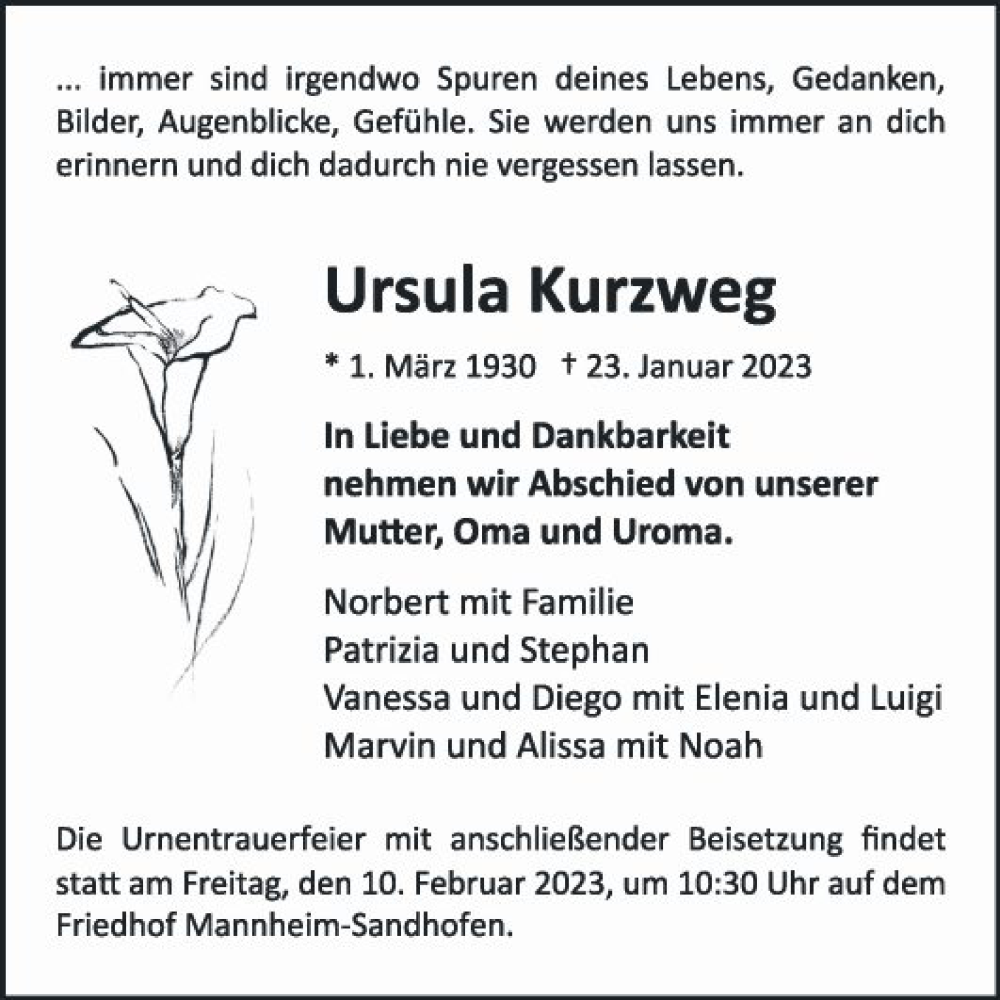  Traueranzeige für Ursula Kurzweg vom 28.01.2023 aus Mannheimer Morgen